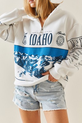 XHAN - Beyaz Önü Baskılı Fermuarlı Oversize Sweatshirt 4KXK8-47754-01