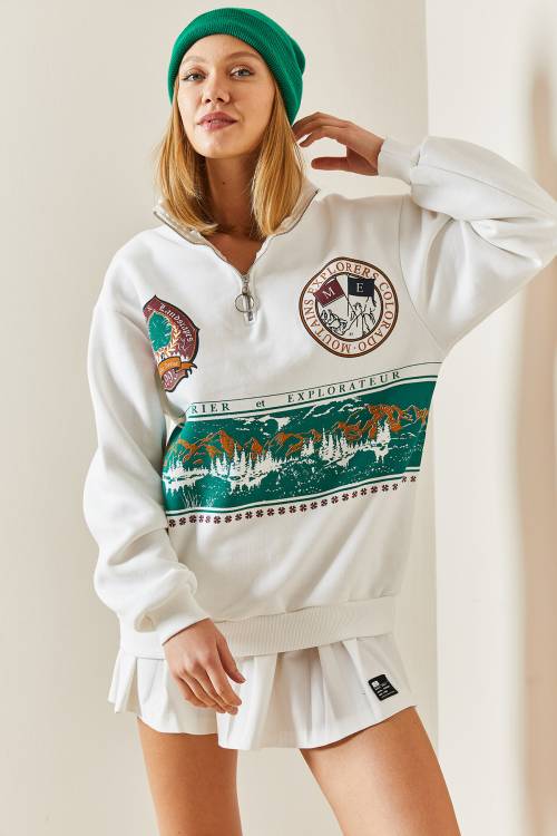 Beyaz Önü Baskılı Fermuarlı Sweatshirt 4KXK8-47753-01 - 2