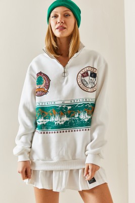 Beyaz Önü Baskılı Fermuarlı Sweatshirt 4KXK8-47753-01 - 3
