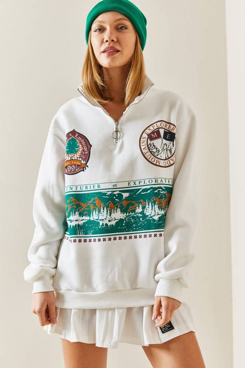 Beyaz Önü Baskılı Fermuarlı Sweatshirt 4KXK8-47753-01 - 3