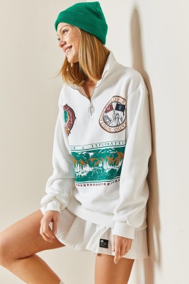 Beyaz Önü Baskılı Fermuarlı Sweatshirt 4KXK8-47753-01 - 4