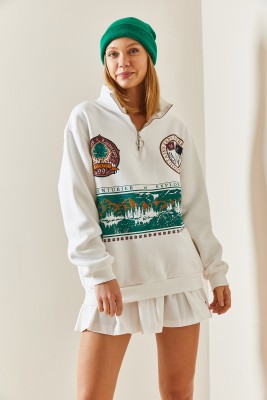 Beyaz Önü Baskılı Fermuarlı Sweatshirt 4KXK8-47753-01 - 6