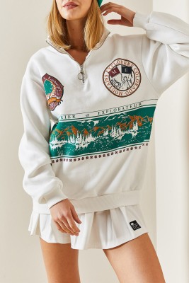 XHAN - Beyaz Önü Baskılı Fermuarlı Sweatshirt 4KXK8-47753-01