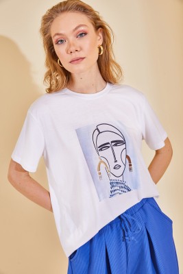 XHAN - Beyaz Önü Baskılı Likralı Tshirt 2KXK1-46238-01