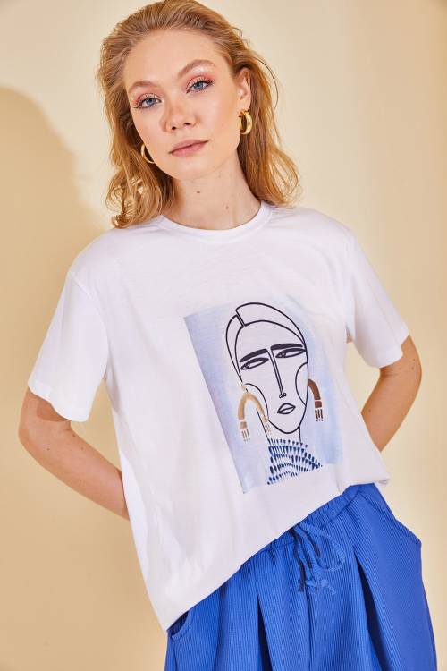 XHAN - Beyaz Önü Baskılı Likralı Tshirt 2KXK1-46238-01