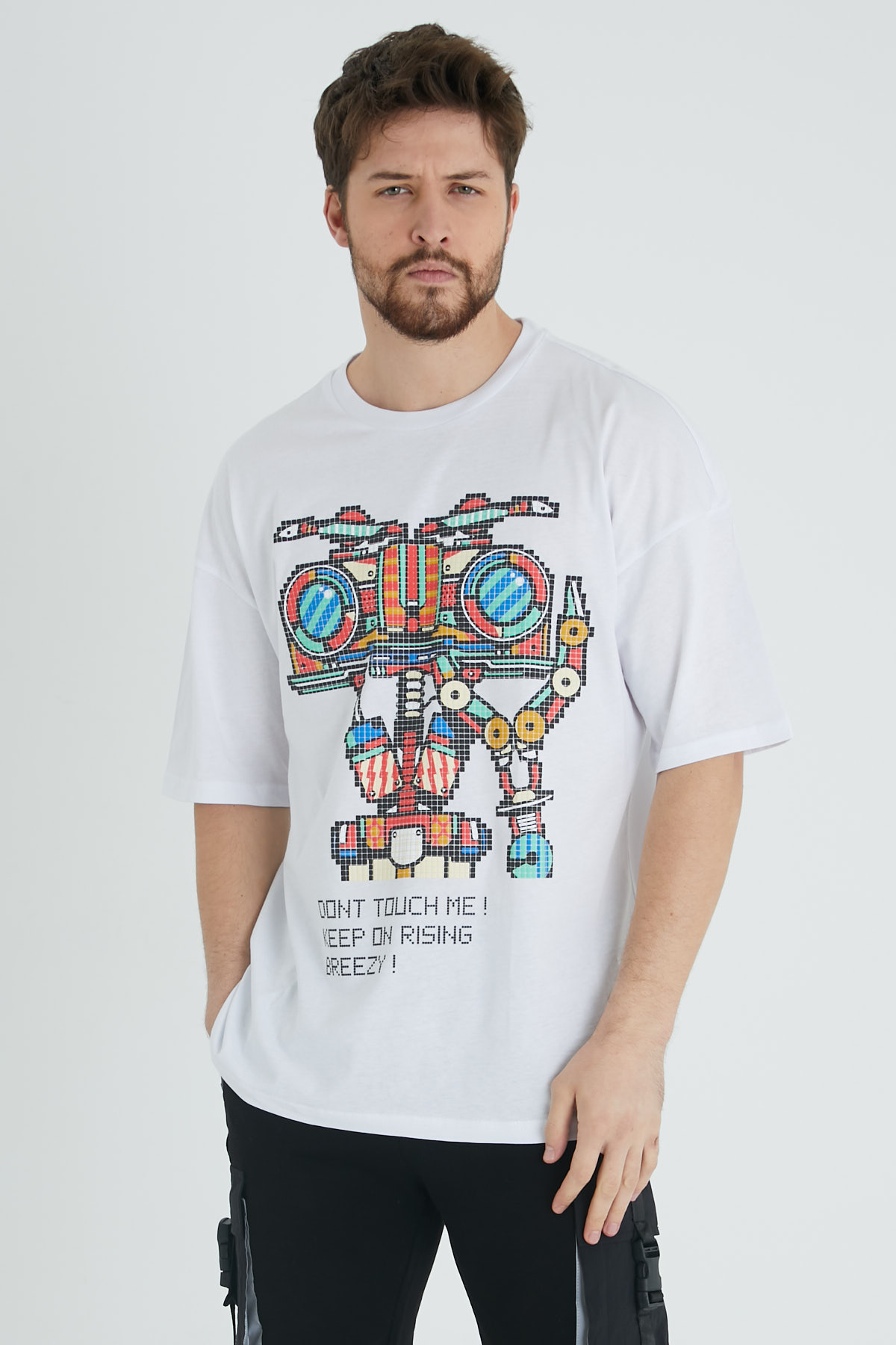 XHAN - Beyaz Robot Kafa Baskılı Oversize T-Shirt 1KXE1-44642-01