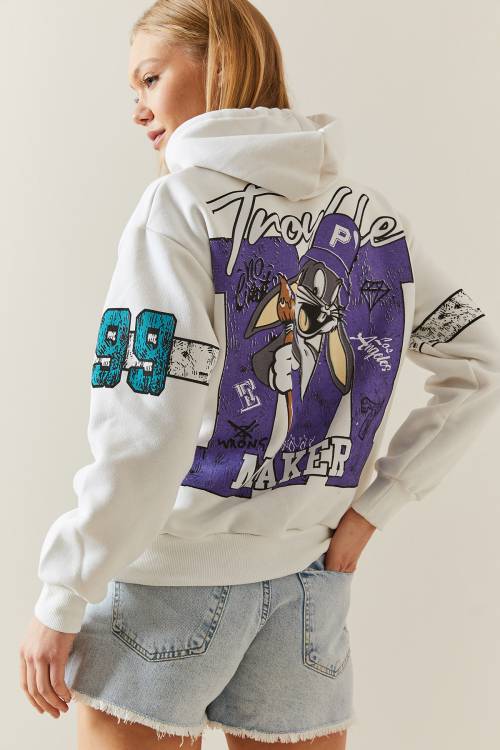 Beyaz Şardonlu & Arkası Baskılı Kapüşonlü Sweatshirt 4KXK8-47835-01 - 2