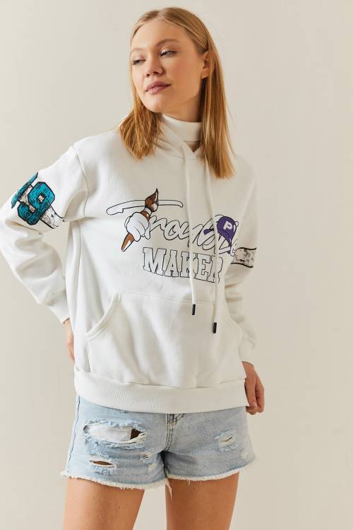 Beyaz Şardonlu & Arkası Baskılı Kapüşonlü Sweatshirt 4KXK8-47835-01 - 3
