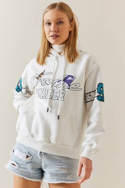 Beyaz Şardonlu & Arkası Baskılı Kapüşonlü Sweatshirt 4KXK8-47835-01 - 4