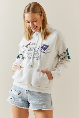 Beyaz Şardonlu & Arkası Baskılı Kapüşonlü Sweatshirt 4KXK8-47835-01 - 5