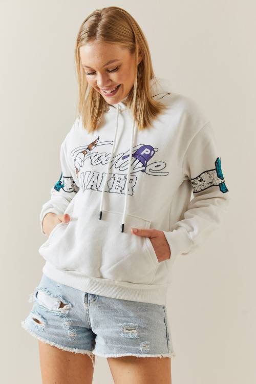 Beyaz Şardonlu & Arkası Baskılı Kapüşonlü Sweatshirt 4KXK8-47835-01 - 5