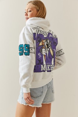 Beyaz Şardonlu & Arkası Baskılı Kapüşonlü Sweatshirt 4KXK8-47835-01 - 6