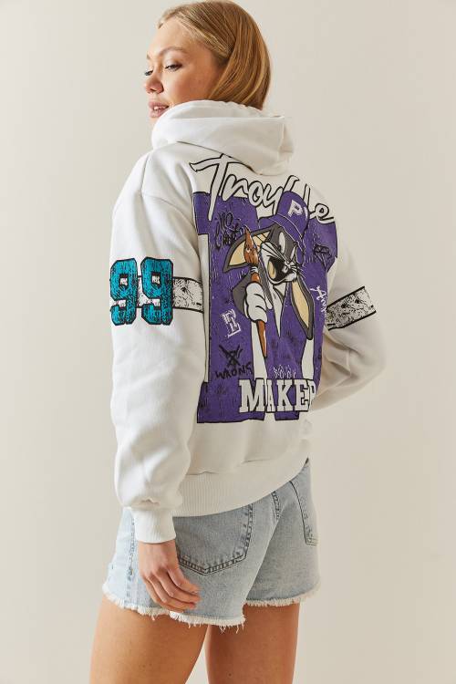 Beyaz Şardonlu & Arkası Baskılı Kapüşonlü Sweatshirt 4KXK8-47835-01 - 6