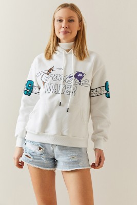 Beyaz Şardonlu & Arkası Baskılı Kapüşonlü Sweatshirt 4KXK8-47835-01 - 7