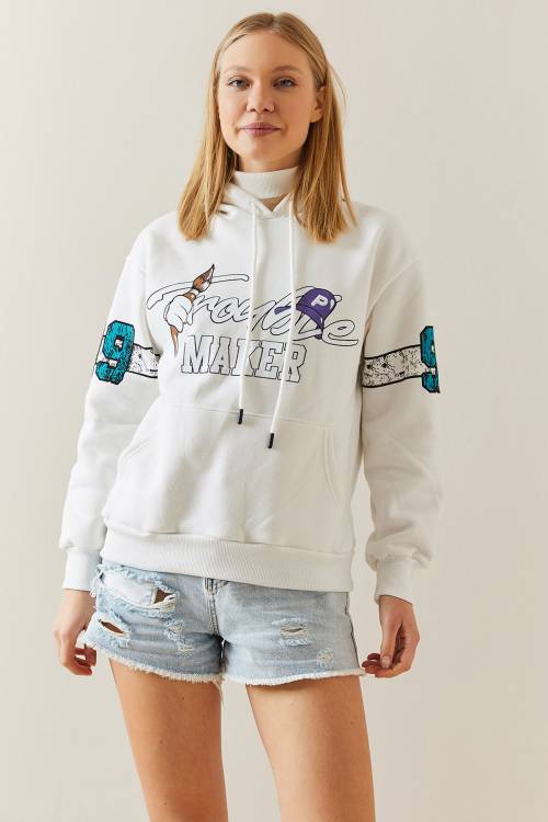 Beyaz Şardonlu & Arkası Baskılı Kapüşonlü Sweatshirt 4KXK8-47835-01 - 7
