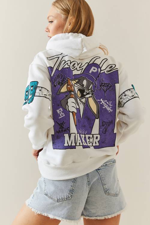 Beyaz Şardonlu & Arkası Baskılı Kapüşonlü Sweatshirt 4KXK8-47835-01 - 8