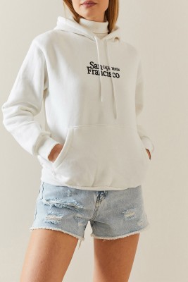 Beyaz Şardonlu & Kapüşonlü Sweatshirt 4KXK8-47834-01 