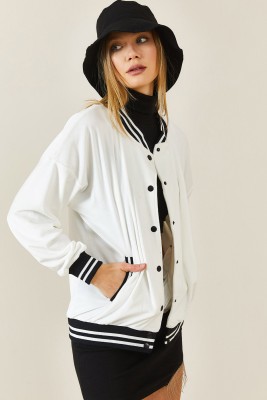 Beyaz Şeritli Kadife Bomber Ceket 3KXK4-46853-01 - 3