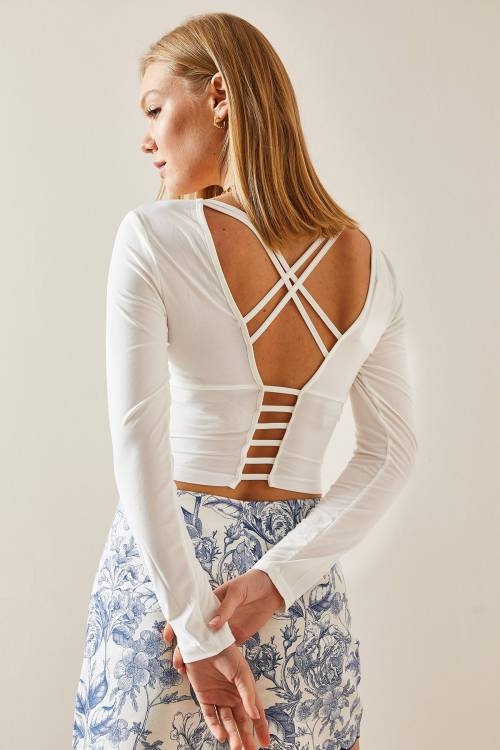 Beyaz Sırt Dekolteli Biyeli Crop Bluz 4KXK2-47781-01 - 2