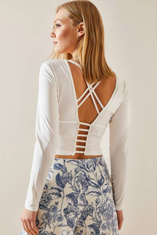 Beyaz Sırt Dekolteli Biyeli Crop Bluz 4KXK2-47781-01 - 6