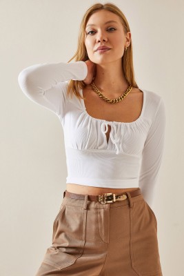 Beyaz U Yaka Bağcıklı Kaşkorse Crop Bluz 4KXK2-47775-01 - 5
