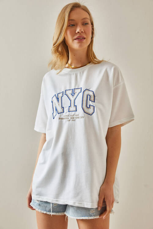 Beyaz Yazılı Bisiklet Yaka Oversize Tişört 5YXK1-47969-01 - 4