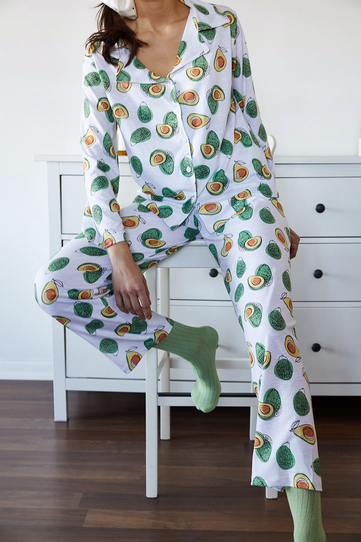 Beyaz & Yeşil Avokado Desenli Pijama Takımı 1KXK8-44700-78 