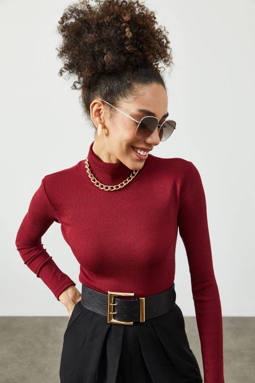 Bordo Balıkçı Yaka Kaşkorse Bluz 2KXK2-45454-05 - 3