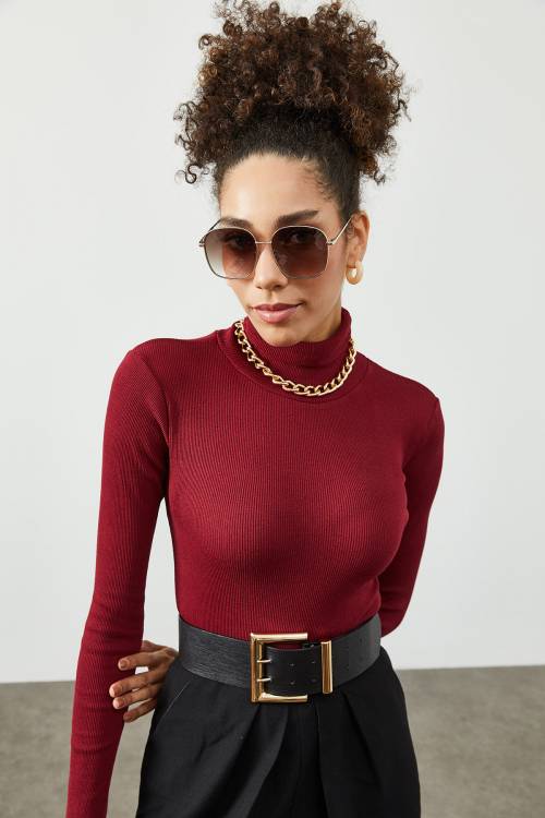 Bordo Balıkçı Yaka Kaşkorse Bluz 2KXK2-45454-05 - 4
