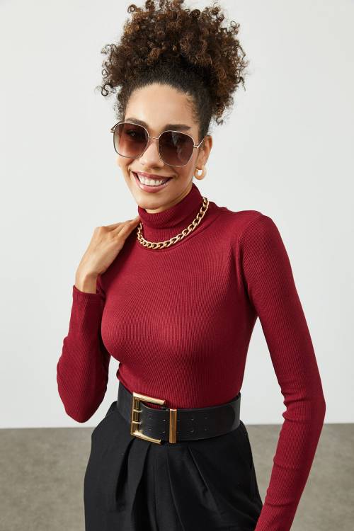 Bordo Balıkçı Yaka Kaşkorse Bluz 2KXK2-45454-05 - 5