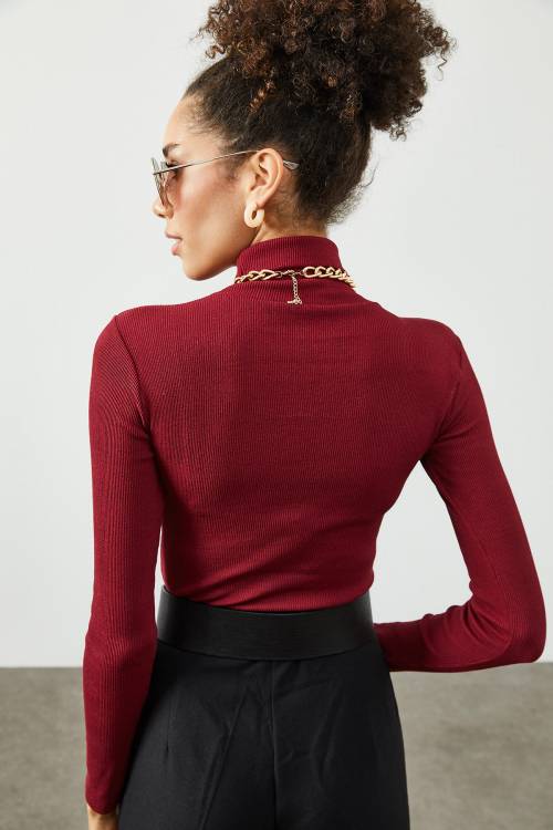 Bordo Balıkçı Yaka Kaşkorse Bluz 2KXK2-45454-05 - 6