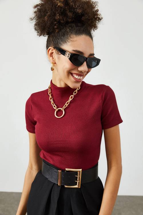 Bordo Balıkçı Yaka Kaşkorse Tişört 2KXK1-45387-05 - 2