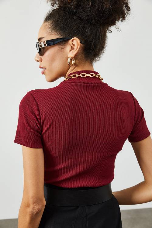Bordo Balıkçı Yaka Kaşkorse Tişört 2KXK1-45387-05 - 5