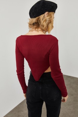 Bordo Bel Dekolteli & Dermuar Detaylı Kaşkorse Bluz 2KXK2-45737-05 - 7