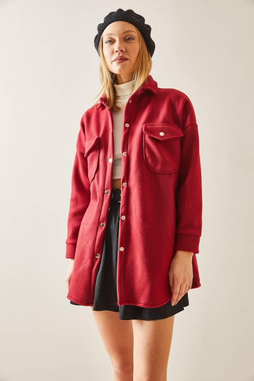 Bordo Çıtçıt Düğmeli & Cepli Polar Gömlek 4KXK2-47861-05 - 3
