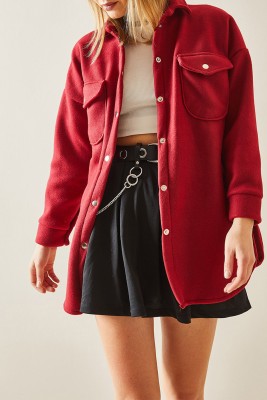 Bordo Çıtçıt Düğmeli & Cepli Polar Gömlek 4KXK2-47861-05 