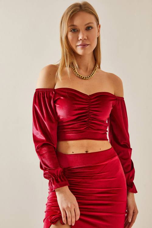 Bordo Düşük Omuz Büzgülü Kadife Crop Bluz 4KXK2-47784-05 - 5