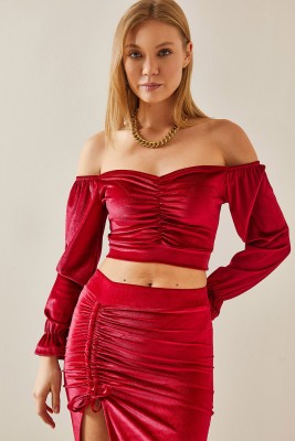 Bordo Düşük Omuz Büzgülü Kadife Crop Bluz 4KXK2-47784-05 - 7