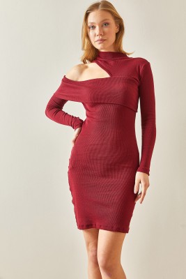 Bordo Düşük Omuz Kaşkorse Mini Elbise 4KXK6-47946-05 - 2
