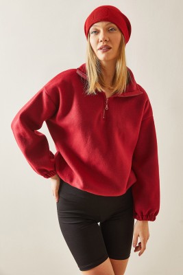 Bordo Fermuarlı Dik Yaka Polar Sweatshirt 4KXK8-47854-05 - 2