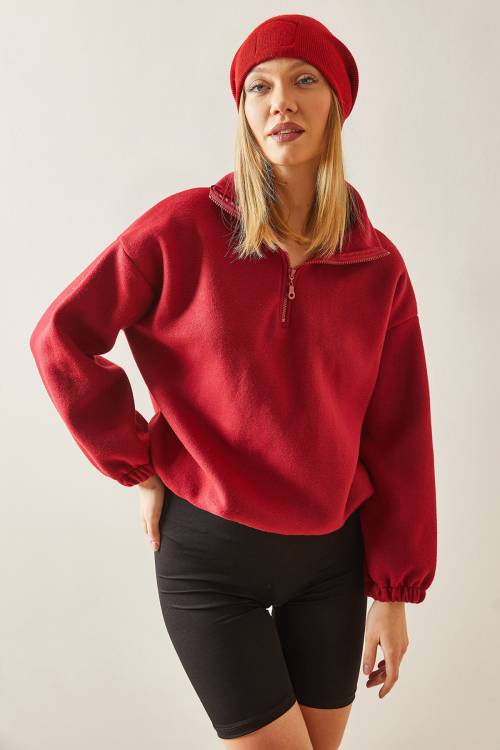 Bordo Fermuarlı Dik Yaka Polar Sweatshirt 4KXK8-47854-05 - 2