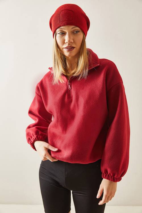 Bordo Fermuarlı Dik Yaka Polar Sweatshirt 4KXK8-47854-05 - 3