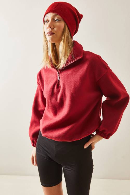 Bordo Fermuarlı Dik Yaka Polar Sweatshirt 4KXK8-47854-05 - 4