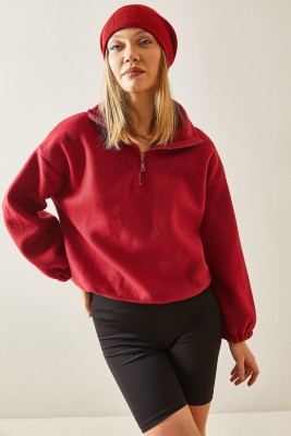 Bordo Fermuarlı Dik Yaka Polar Sweatshirt 4KXK8-47854-05 - 5