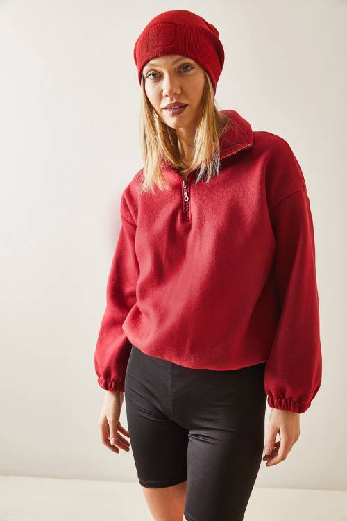 Bordo Fermuarlı Dik Yaka Polar Sweatshirt 4KXK8-47854-05 - 6