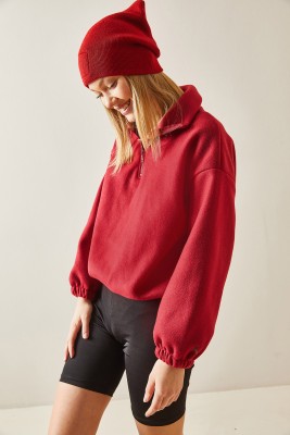 Bordo Fermuarlı Dik Yaka Polar Sweatshirt 4KXK8-47854-05 - 7