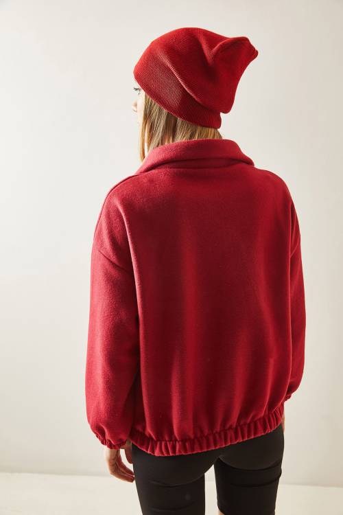 Bordo Fermuarlı Dik Yaka Polar Sweatshirt 4KXK8-47854-05 - 8