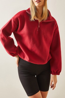 Bordo Fermuarlı Dik Yaka Polar Sweatshirt 4KXK8-47854-05 