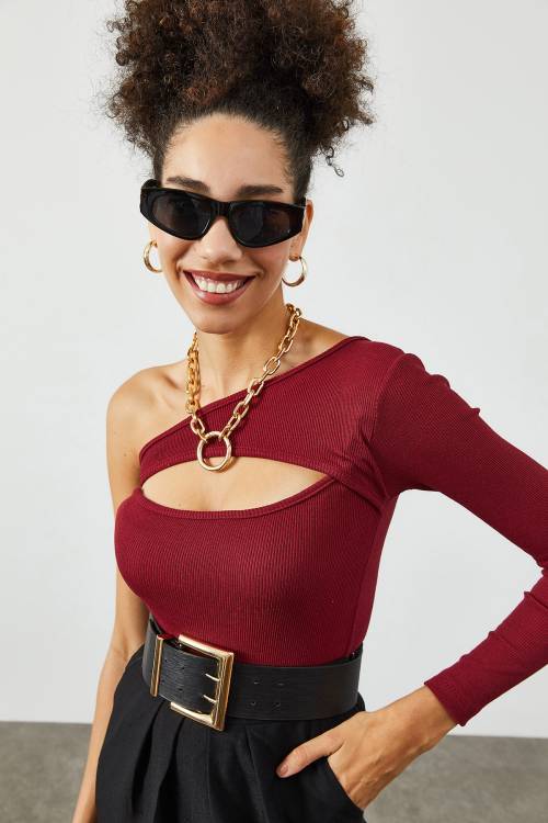 Bordo Göğüs Dekolteli Kaşkorse Bluz 2KXK2-45626-05 - 2