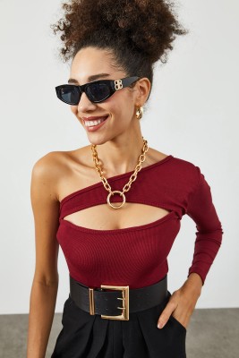 Bordo Göğüs Dekolteli Kaşkorse Bluz 2KXK2-45626-05 - 3